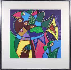 Marianne Naerebout - Zeefdruk, Fishing in deep water - Ingelijst verkocht voor € 60!