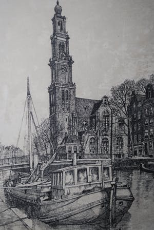 Marius Johannes Janssen - 2 etsen: Leiden Rijksuniversiteit & Westertoren Amsterdam kopen? Bied vanaf 30!