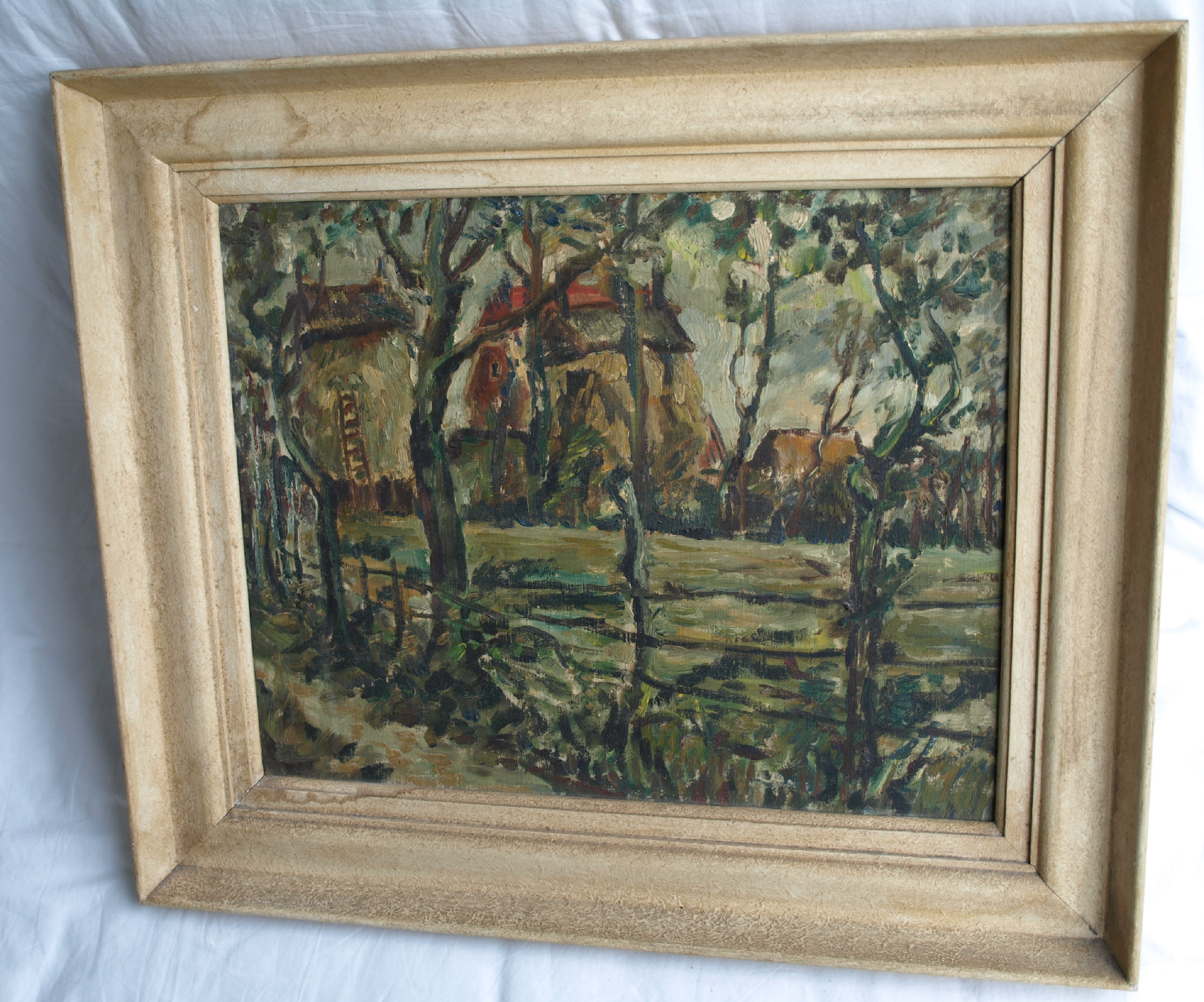 Niet of onleesbaar gesigneerd - Olieverf op doek , Boerderij – ingelijst  kopen? Bied vanaf 1!