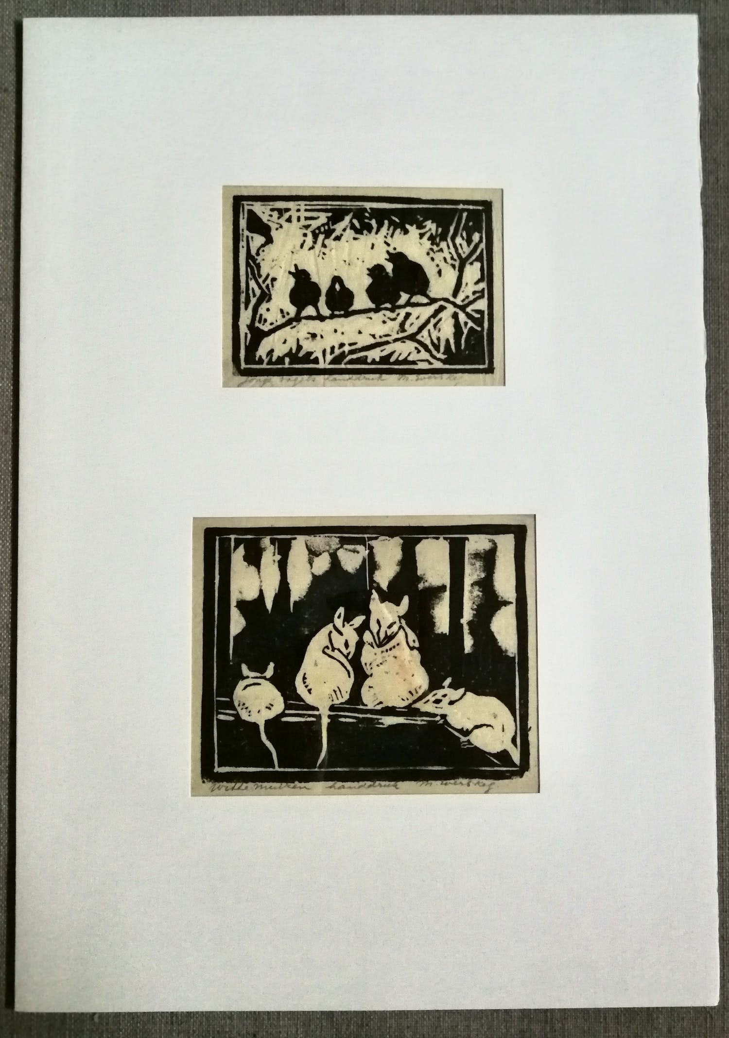 Marie Keg - Twee houtsneden "Witte muizen" en "jonge vogels" kopen? Bied vanaf 25!