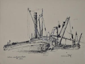 Wim Motz - 2 tekeningen van Rotterdamse havengezichten kopen? Bied vanaf 50!