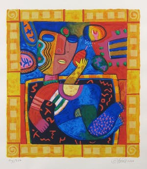 Clemens Briels - Zeefdruk, Gloria is always close to her mobile - Ingelijst kopen? Bied vanaf 50!