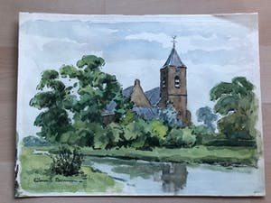 Clement Bezemer - zicht op onbekend plaatsje met kerk aan water kopen? Bied vanaf 25!