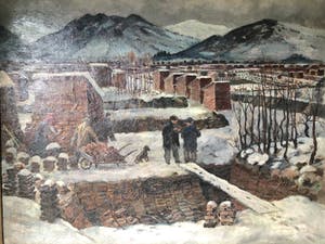 Dora Brandenburg-Polster - Het stapelen van de turf in winter, Olieverf op Doek, Ingelijst - Groot werk! kopen? Bied vanaf 299!