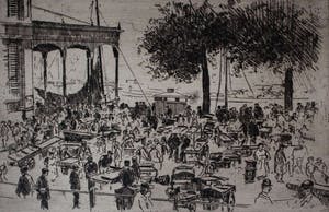 Martin van Waning - ets: Vischmarkt te Rotterdam kopen? Bied vanaf 45!