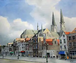 Leo Wisselink - Grote Aquarel: gezicht op de nieuwe kerk in Delft. verkocht voor € 150!
