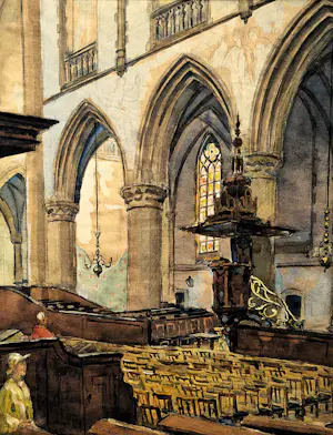 Ko Cossaar - Jaren 30 aquarel op papier "Interieur kerk met personen' - losbladig kopen? Bied vanaf 67!