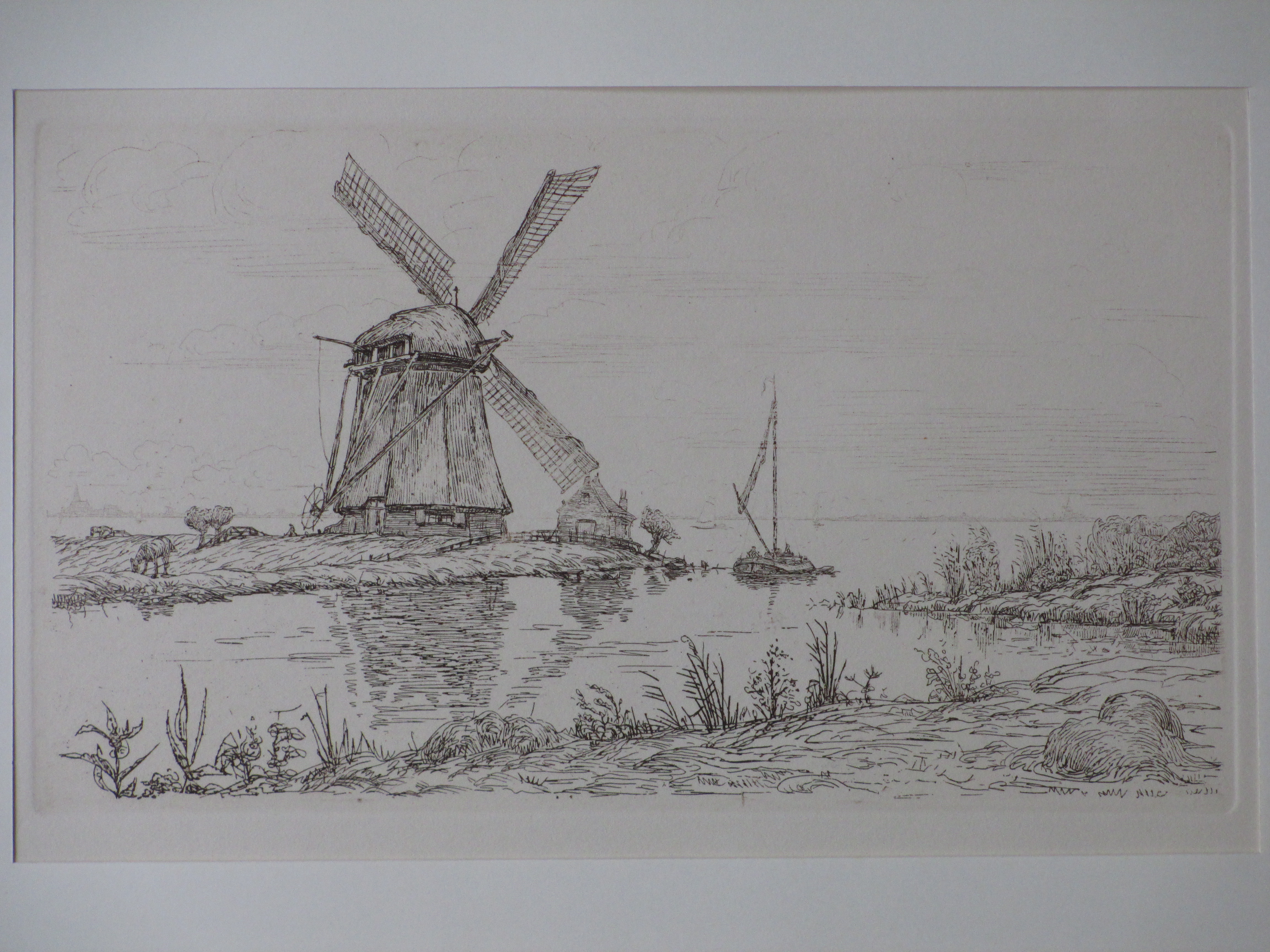 Maurits van der Valk - Molen in waterrijk landschap - Ets verkocht voor € 35!