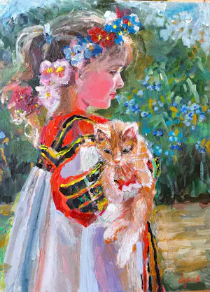 Vladimir Goussev - Portret van een meisje met een kitten kopen? Bied vanaf 400!