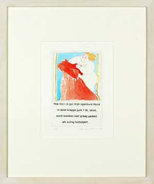 Ada Breedveld - Handgekleurde ets, Hoe toon ik gul mijn openbare bloot in deze krappe jurk? verkocht voor € 50!