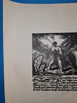 Bruno Goldschmitt - orig. Holzschnitt mit Spruch / Klage nach Krieg kopen? Bied vanaf 95!