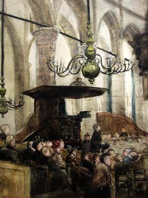 Margaretha Agatha Mees - Bijzonder 19e eeuws Aquarel Rotterdam "dienst in Laurentiuskerk" gesigneerd verkocht voor € 10!