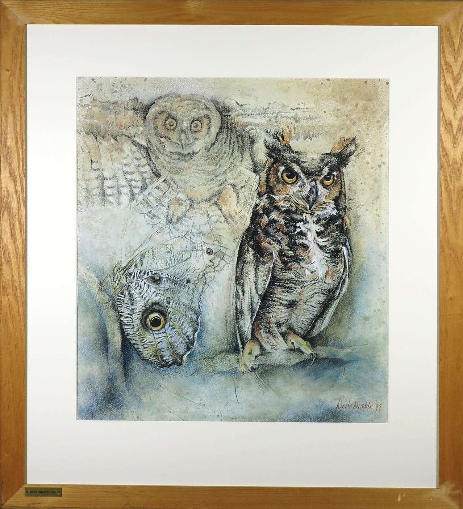 Doris Drabbe - Aquarel en pastelkrijt, Uilen - Ingelijst (Groot) verkocht voor € 70!