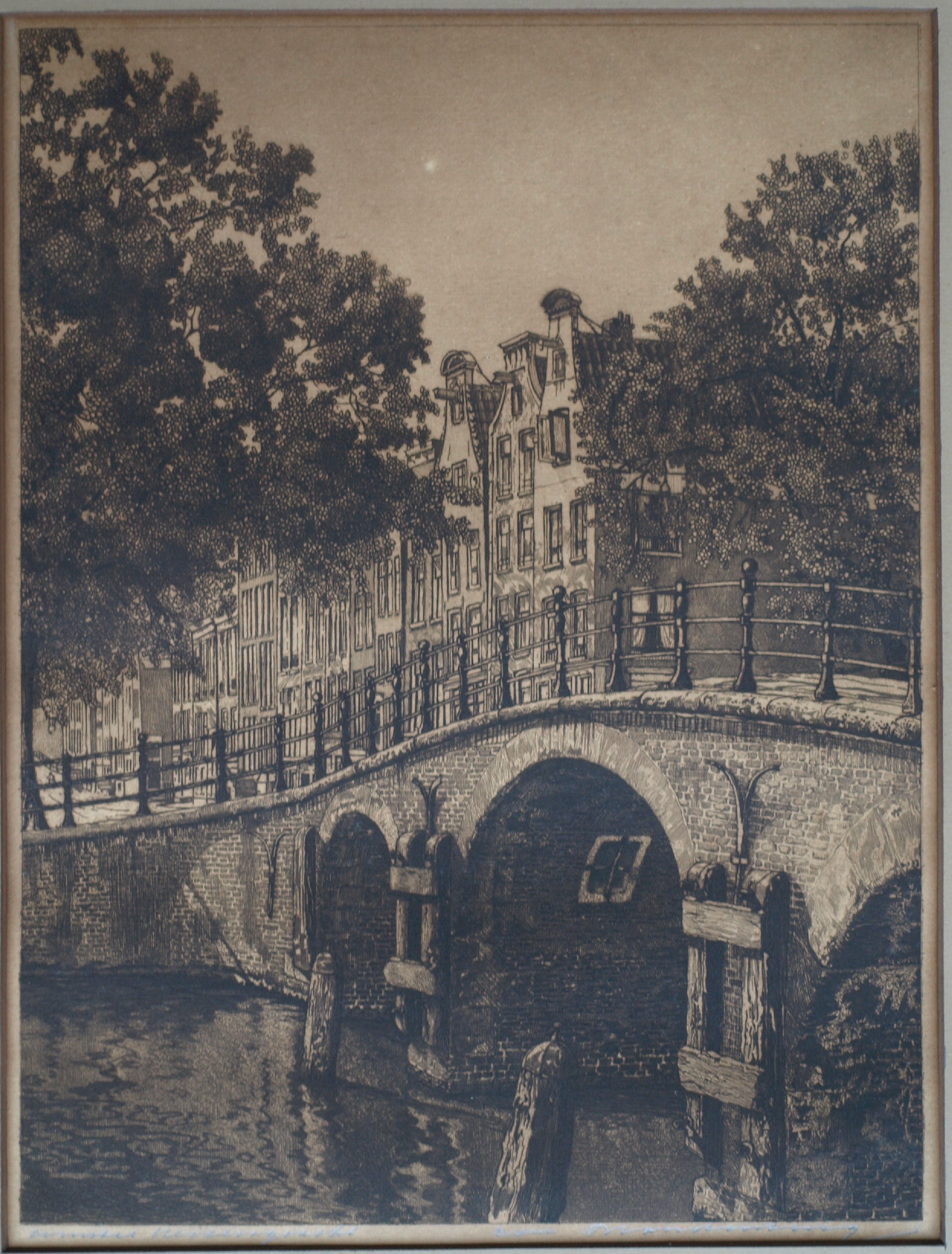 Cornelis Brandenburg - Ets, Amstel en Keizersgracht Amsterdam – gesigneerd verkocht voor € 25!