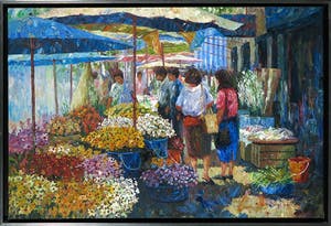 Niet of onleesbaar gesigneerd - Acryl op doek, Bloemenmarkt - Ingelijst kopen? Bied vanaf 1!