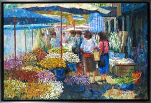 Niet of onleesbaar gesigneerd - Acryl op doek, Bloemenmarkt - Ingelijst verkocht voor € 1!