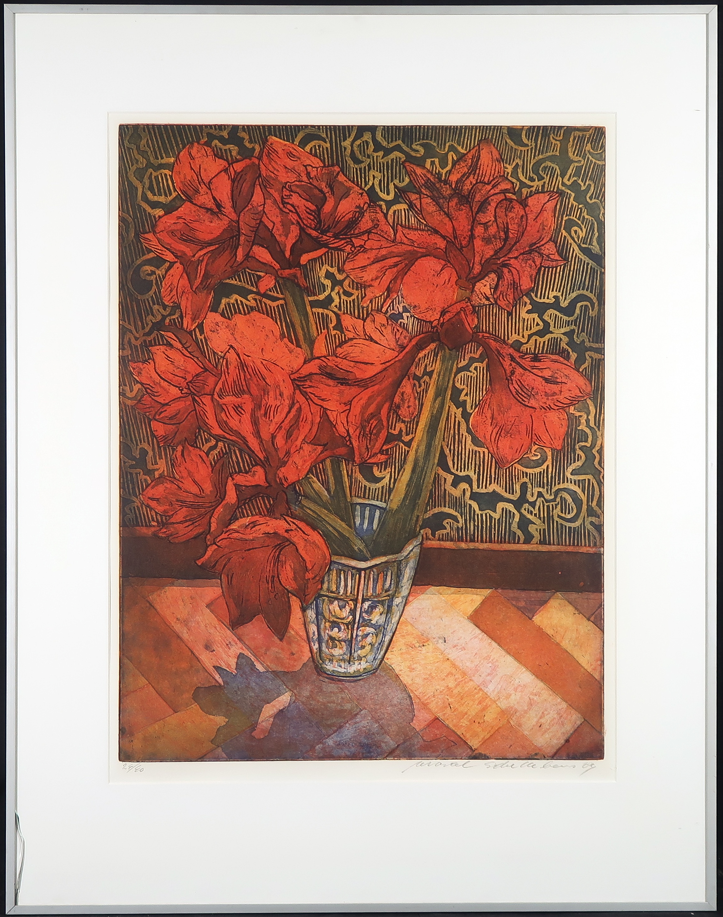 Marcel Schellekens - Kleurenets, Rode amaryllissen in glazen vaas - Ingelijst verkocht voor € 80!