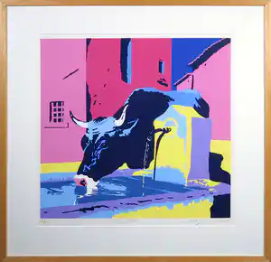 Marco Kooiman - Zeefdruk, Cow drinking at fountain - Ingelijst vendu pour 50€ !
