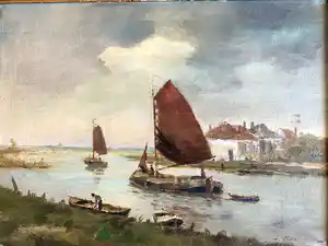 Joop Dam - Riviergezicht met varende platbodems. verkocht voor € 115!