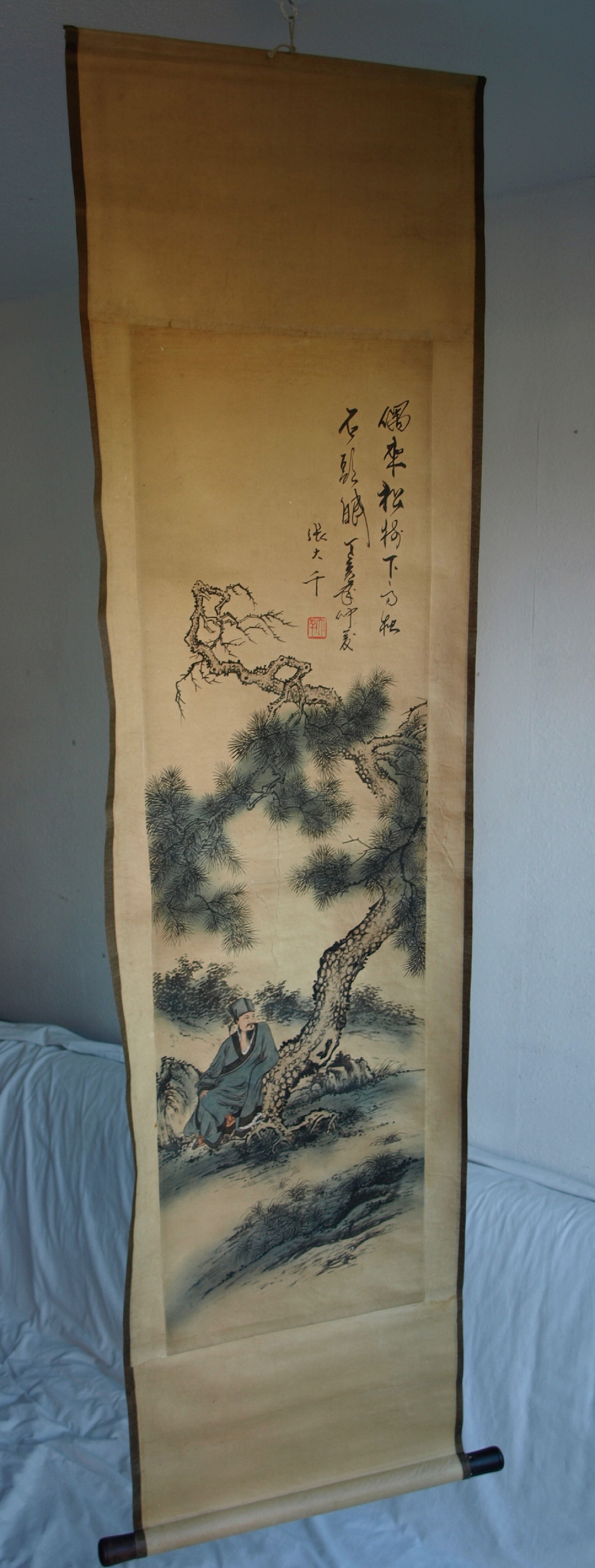 Niet of onleesbaar gesigneerd - Japanse of Chinese scroll, Man onder Boom - Aquarelverf en inkt op papier kopen? Bied vanaf 1!