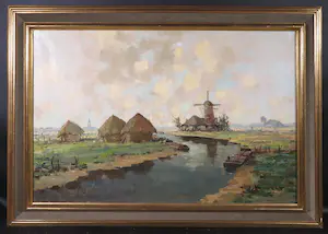 Henri Joseph Pauwels - Olieverf op doek, Landschap met molen en vaart - Ingelijst kopen? Bied vanaf 250!