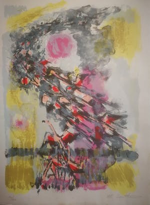 Maurice Elie Sarthou - Flamingos. Vogelvlucht met rode zon. kopen? Bied vanaf 99!