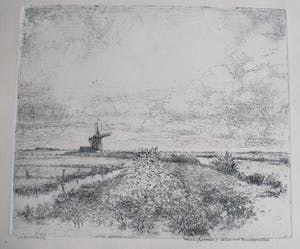 Gerrit Slavenburg - Heiloo/Limmen, de Lei met Noordermolen - ets kopen? Bied vanaf 45!