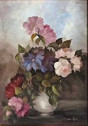 Maria Van Lent - Boeket Wilde Rozen met Clematis - In verguld zware houten lijst kopen? Bied vanaf 1!
