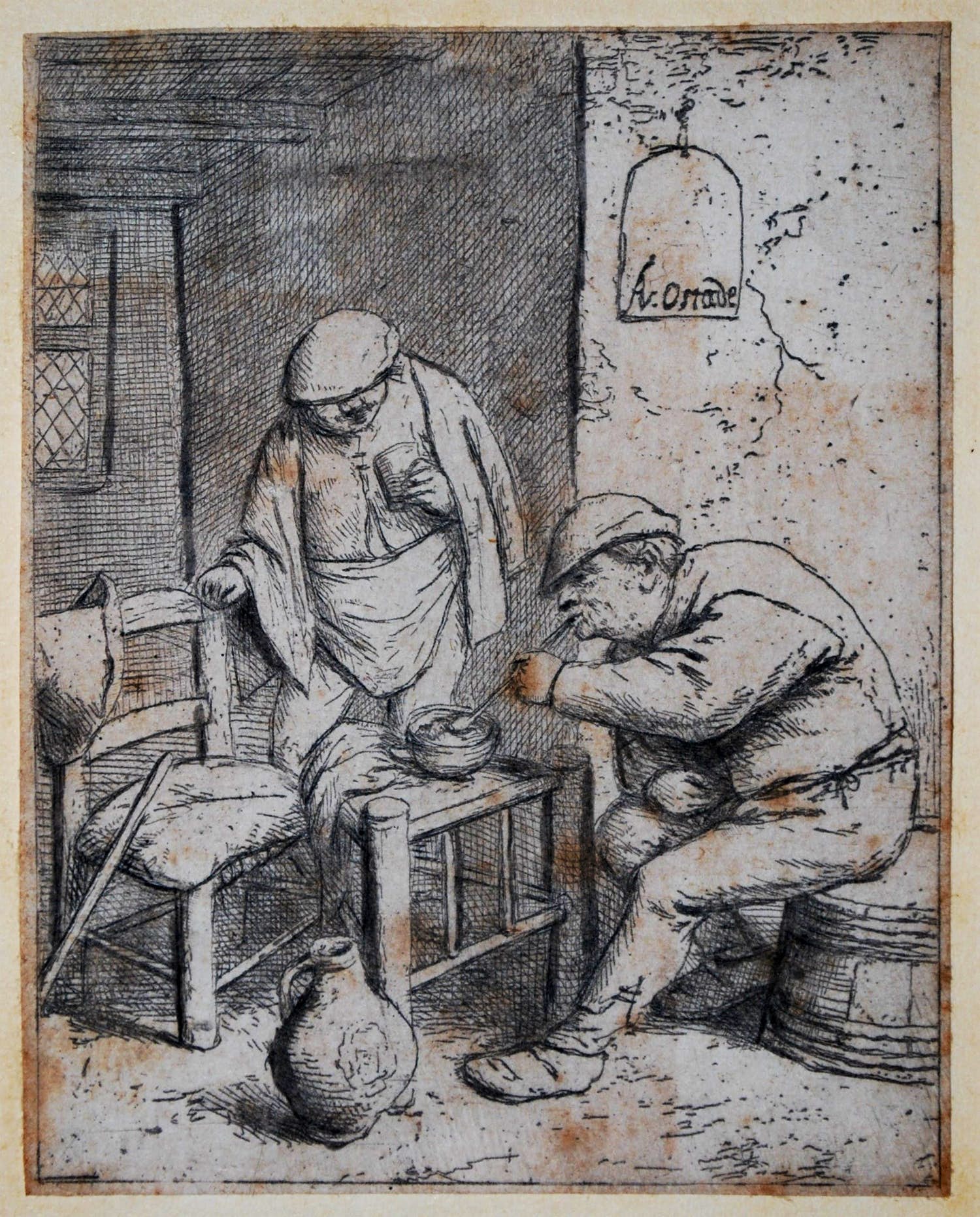 Adriaen van Ostade - De Roker en de Drinker (1682)- ets verkocht voor € 125!