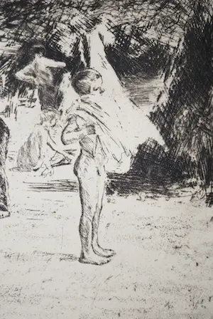 Max Liebermann - Badende Jungen - grote ets - in een superieure gipsen lijst kopen? Bied vanaf 180!