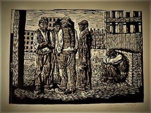 Ricardo Zamorano - Krachtige sociaal-realistische Houtsnede - "wachten op werk" gesigneerd kopen? Bied vanaf 30!