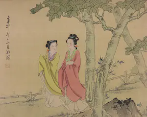 Niet of onleesbaar gesigneerd - Lot van 2 Japanse aquarellen op zijde, Dames in tuinen kopen? Bied vanaf 1!