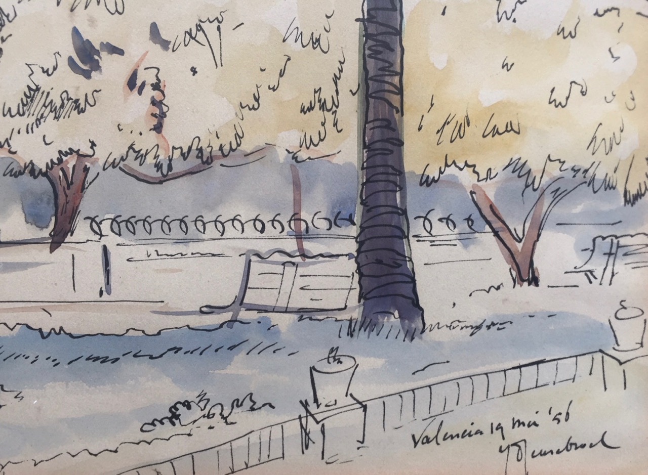 Jan Geusebroek - "Stadsgezicht Valencia (Spanje)". Aquarel. kopen? Bied vanaf 1!