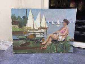 Claas Prins - C3879-7, Dame zittend aan de kade kopen? Bied vanaf 200!