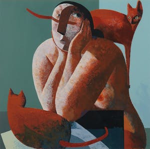 Peter Harskamp - Zeefdruk, Vrouw met twee katten - Ingelijst kopen? Bied vanaf 100!