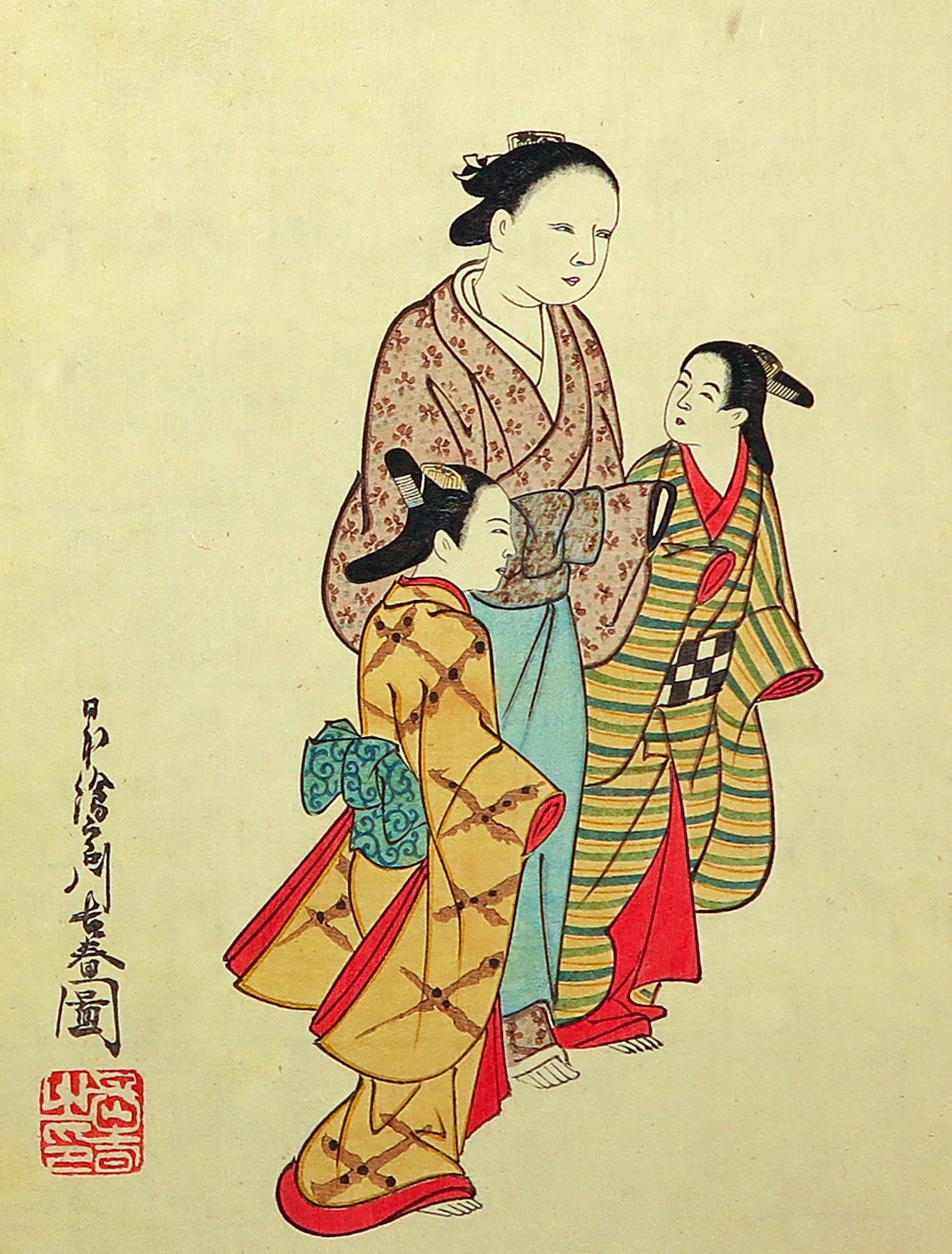 Niet of onleesbaar gesigneerd - Houtsnede, Drie figuren kopen? Bied vanaf 1!