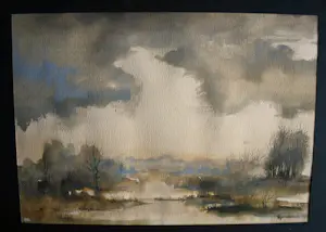 Sjoerdtje Mulder-Hak - Waterlandschap met verre einder - mooi ingelijste grote aquarel kopen? Bied vanaf 75!
