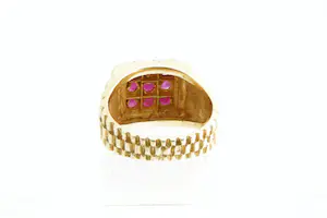 55- Retro 18Krt gouden unisex zg. Carré ring met 9 rode stenen - gekeurd kopen? Bied vanaf 370!
