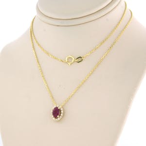 14k gouden collier met hanger bezet met robijn en briljant geslepen diamant kopen? Bied vanaf 200!