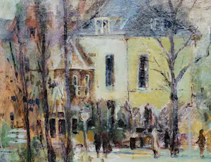 Poppe Damave - 1948 - olieverf op doek - stadsgezicht Haarlem met figuren - originele lijst kopen? Bied vanaf 65!