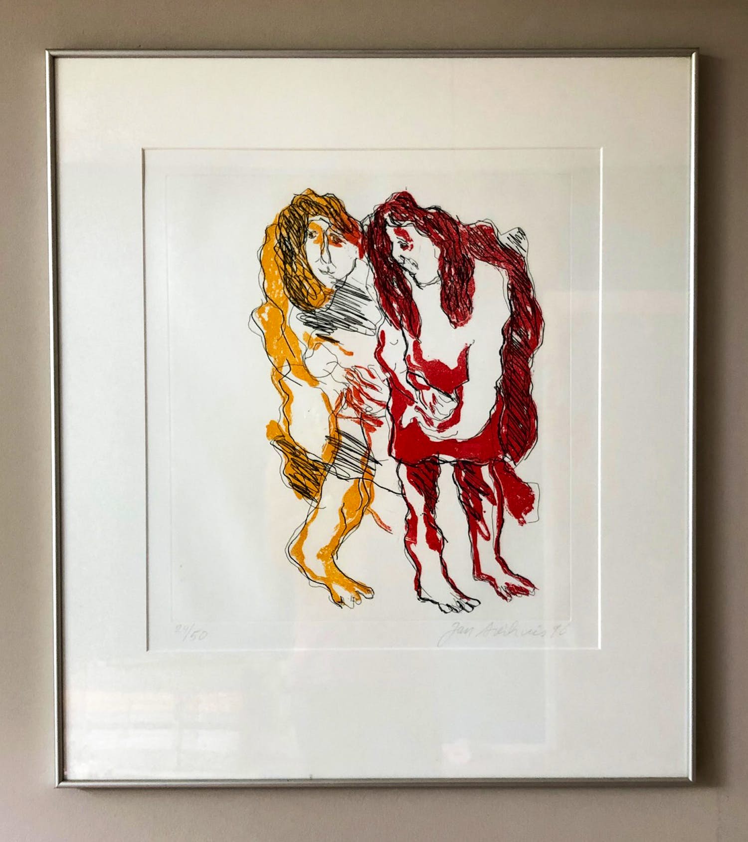 Jan Sierhuis - Grote kleurets met twee figuren (in passe-partout gelijst) verkocht voor € 100!