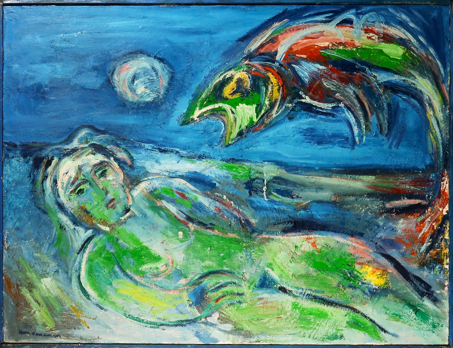 Niet of onleesbaar gesigneerd - Olieverf op doek, Figuur met vis - Ingelijst (Groot) kopen? Bied vanaf 1!