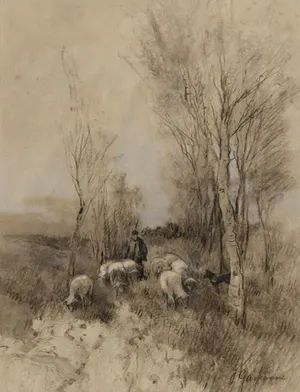 Johannes Josephus Garjeanne - Gemengde techniek op papier - "landschap met herder en schapen" kopen? Bied vanaf 175!