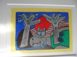 Corneille - Zeefdruk, Complicité entre la femme et l'oiseau - Ingelijst kopen? Bied vanaf 175!