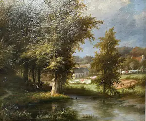 Willem Simon Petrus van der Vijver - Landschap met drogende was (Beek bij Nijmegen) kopen? Bied vanaf 400!