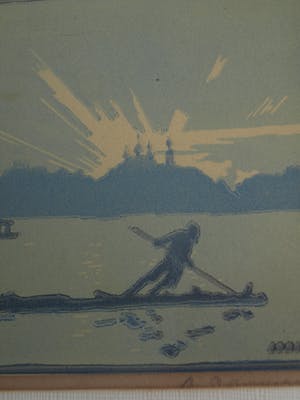 Niet of onleesbaar gesigneerd - Ingelijste litho, Man op vlot – 1921 kopen? Bied vanaf 10!