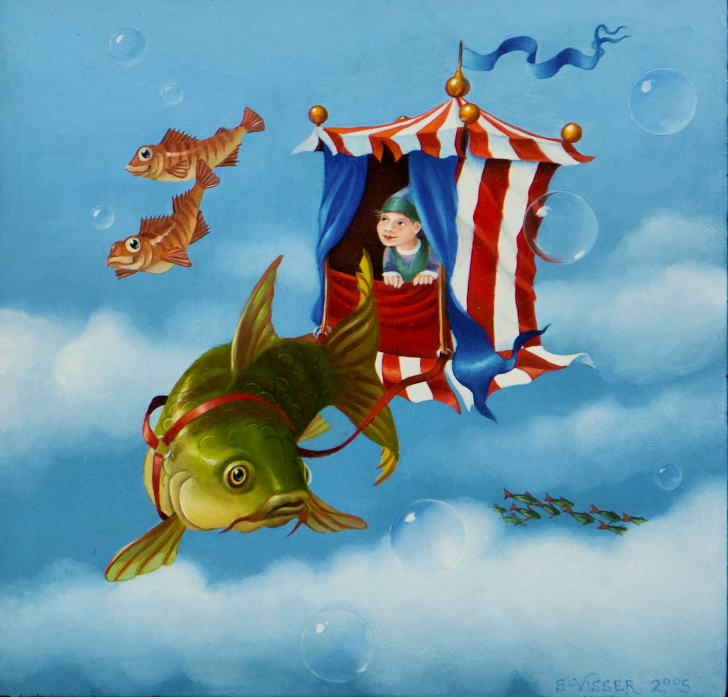 Buy Suzanne Visser - Ingelijste olieverf op paneel: 'Visvlucht - 2005? Bid from 699!