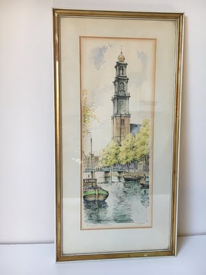 Niet of onleesbaar gesigneerd - Onduidelijke signatuur : Aquarel / tekening – Westertoren - Ingelijst kopen? Bied vanaf 1!