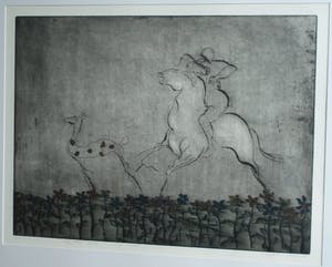 Wim Worm - Ets , Hijgend hert – ingelijst 63 x 88 cm – 1980 - oplage 15 ex. kopen? Bied vanaf 10!