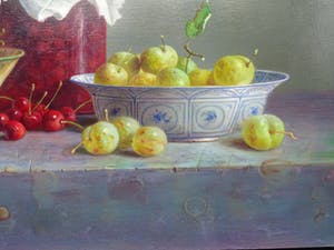 Hans Habraken - Kersen in een pot en in en glazen schaal en pruimen in een schaal. kopen? Bied vanaf 750!